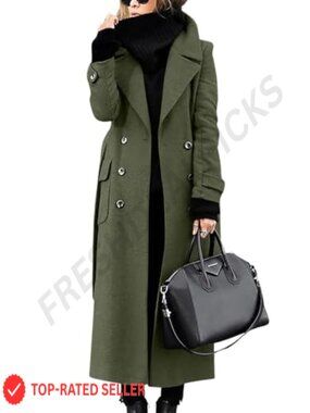 Wool Blend Double Breasted Pea Coat Notched Lapel Belted Mid Long Trench